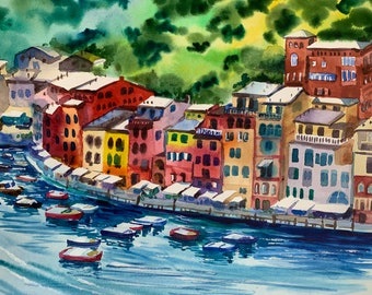 Portofino Italy Watercolor Art Print, Coastal Seascape (8x10
