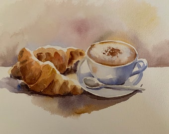 Italian breakfast original watercolor, cappuccino croissant hand painted watercolour, croissant original watercolor, Kitchen art, coffee art