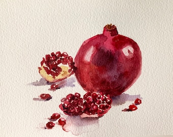 pomegranate original watercolor, Kitchen watercolor art, kitchen wall decor, fruit and vegetable painting, still life painting, handmade