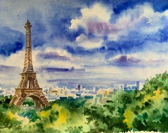 Pintura de acuarela original de París, Torre Eiffel, monumentos de París, panorama de París, pintura francesa, París soleado, hecho a mano, wallart paris