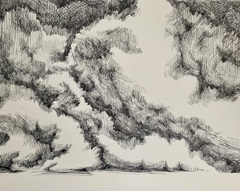 Puede incluir: Un dibujo en blanco y negro a pluma y tinta de nubes en el cielo. Las nubes están dibujadas con una serie de líneas que crean una sensación de movimiento y profundidad.