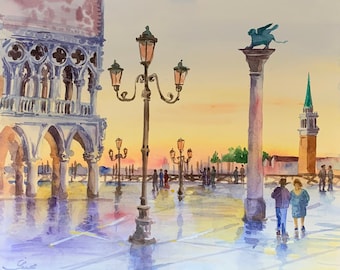 Venice original watercolor painting, Piazza San Marco painting, venice hand made, venice art, grand canal, foggy cityscape, sunset in venice