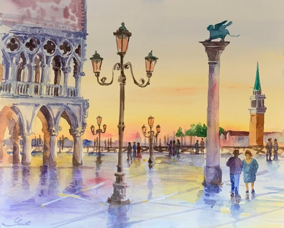 Venice original watercolor painting, Piazza San Marco painting, venice hand made, venice art, grand canal, foggy cityscape, sunset in venice