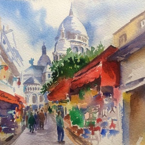 Paris original watercolor painting, MontMartre, romantic paris, mont martre art, Sacré-Coeur, paris handmade painting, paris art souvenir