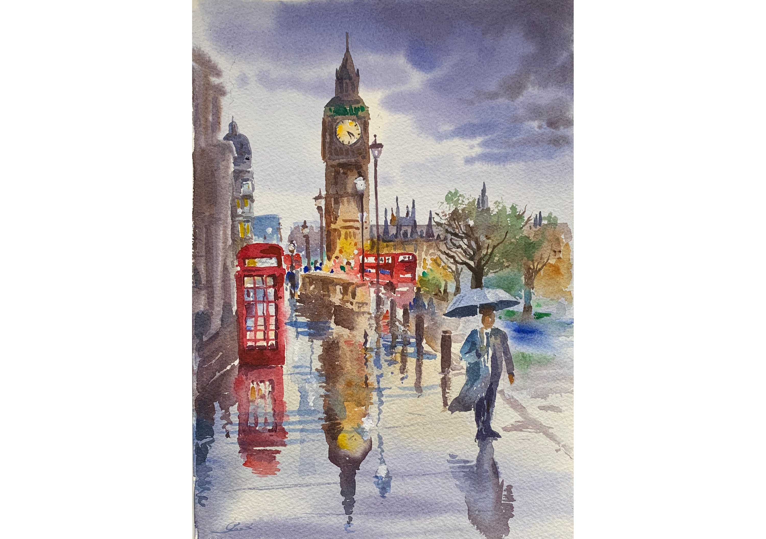 ロンドンのオリジナル水彩画、イギリスの手作り絵画、雨の