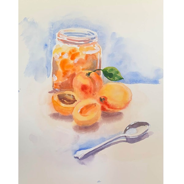 Apricot original watercolor painting, apricot jam hand painted, Kitchen art, fruit painting ,fruit and vegetables art, still life,  wallart