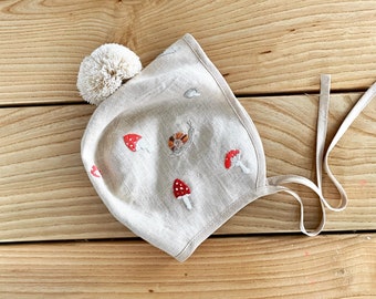 Embroidered Mushroom Baby Bonnet: Organic Linen Hat