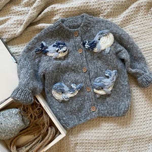 Hand Knit Baby Cardigan: Blue Whale Embroidery, Unisex Kids Clothes