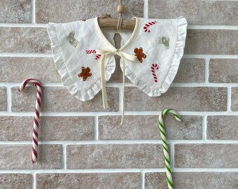 Embroidered Christmas Peter Pan Collar, Detachable Linen Collar