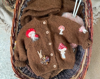 Knit baby cardigan, Mushroom clothes, Cozy Knit Embroidered kids Sweater, Mushroom Sweater, baby Vintage knit cardigan, embroidery mushroom