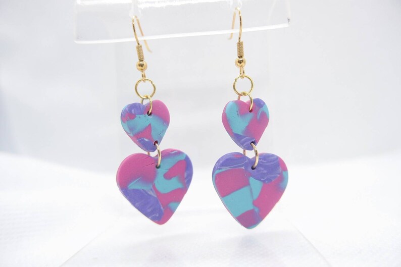 Pink Purple Blue Marbled Heart Earrings
