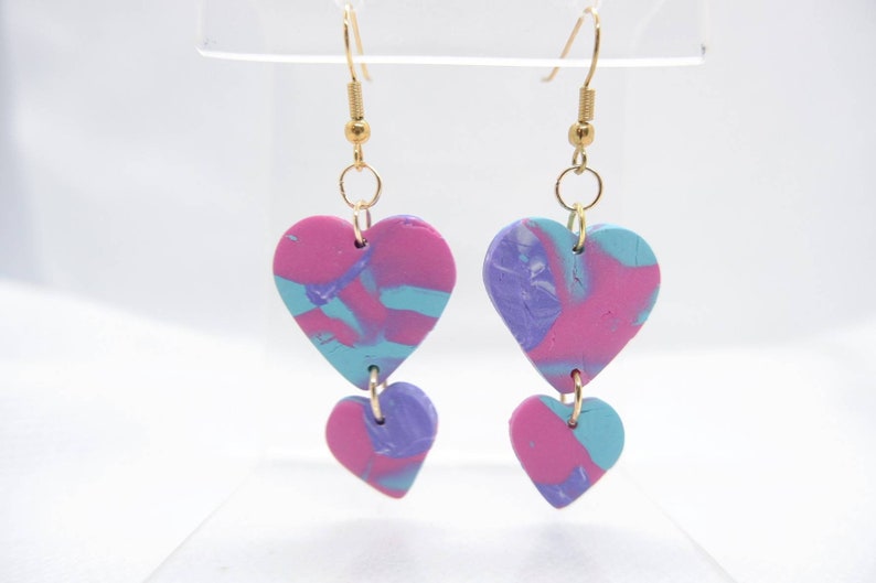 Pink Purple Blue Marbled Heart Earrings
