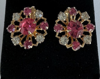 Pendientes vintage de cristal rosa y transparente con cierre de rosca.