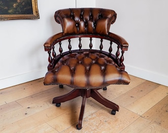 Antique Style Chesterfield Captains Chair Brown Leather Buttoned Swivel & Tilt Office Chair
