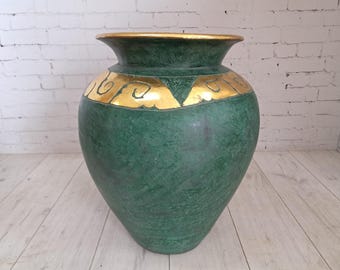 Large Vintage Green Gold Gilt Terracotta Floor Vase Amphora Tuscan Style 55cm