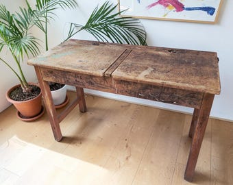 Vintage Double School Desk Wooden Rustic Industrial Original Graffiti Desk 1970