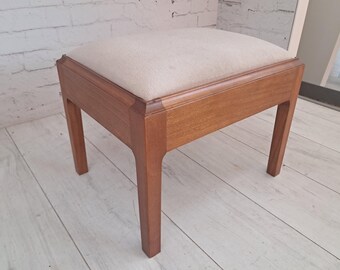 Vintage Stag Foot Stool Beige Velour Teak Wood 1995