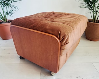 Vintage G Plan Mid Century Saddle Footstool in Teak & Caramel Velour on Castors