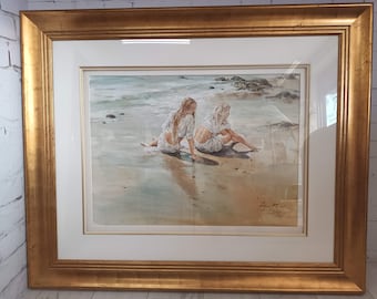 Vintage Gordon King Original Watercolour Framed Painting Beach XX LARGE 116cm