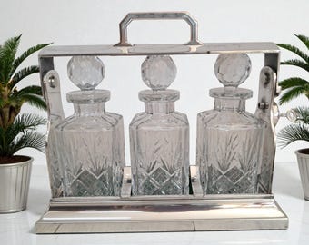 Antique Tantalus Silver Plated + Three Decanters Art Deco Trio Glass Decanter 1880
