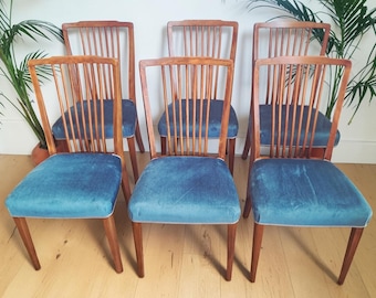 Set of 6 Mid-Century Dining Chairs, Teal Blue Velour, Greaves & Thomas 1960s