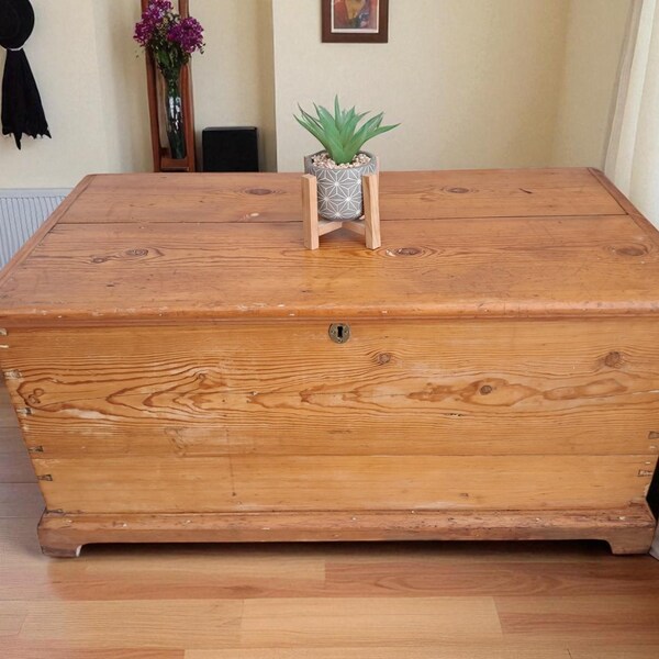 Victorian Pine Trunk Antique Chest Solid Pine LARGE Coffee Table Storage Box