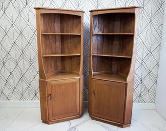 Mid Century Ercol Windsor Corner Display Units Pair Solid Elm Storage Cupboard Vintage VGC