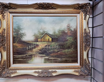 Vintage Woodland Lake Oil Painting on Canvas Gold Frame Signed 1980's Large