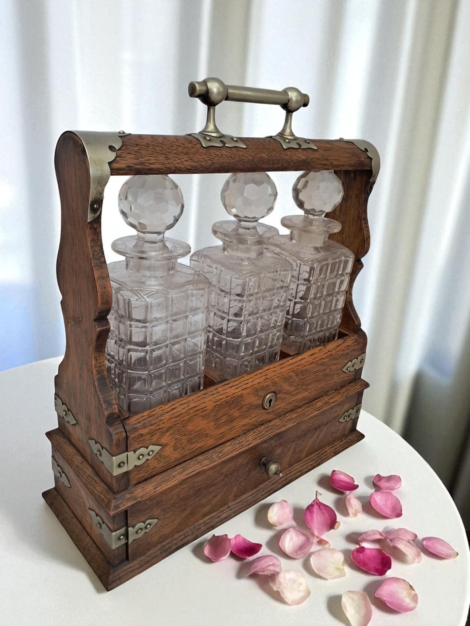 Antique Tantalus + Three Decanters Oak & Brass Victorian Trio