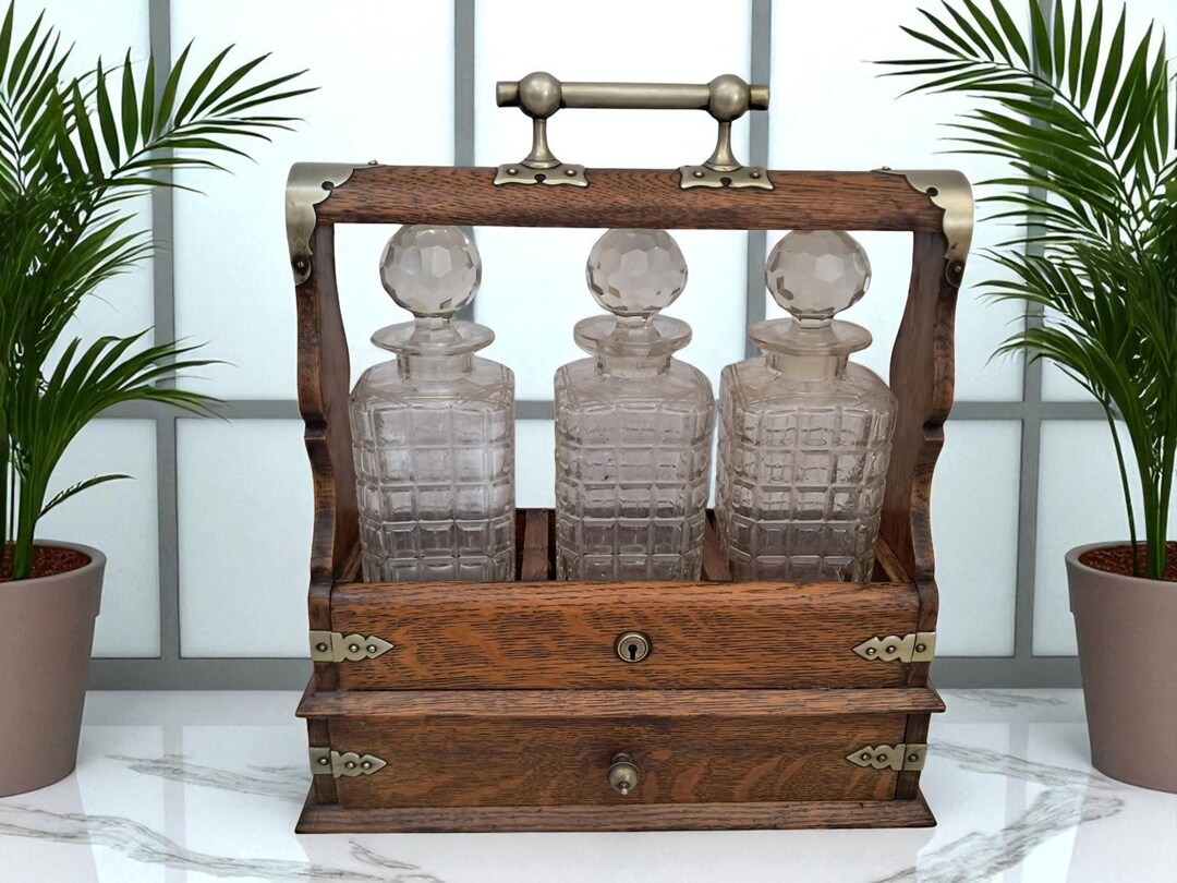 Antique Tantalus + Three Decanters Oak & Brass Victorian Trio