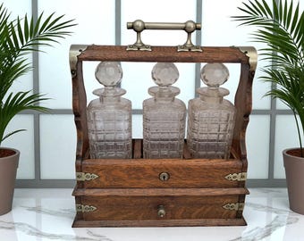 Antique Tantalus + Three Decanters Oak & Brass Victorian Trio Glass Decanter Caddy Barware 1880
