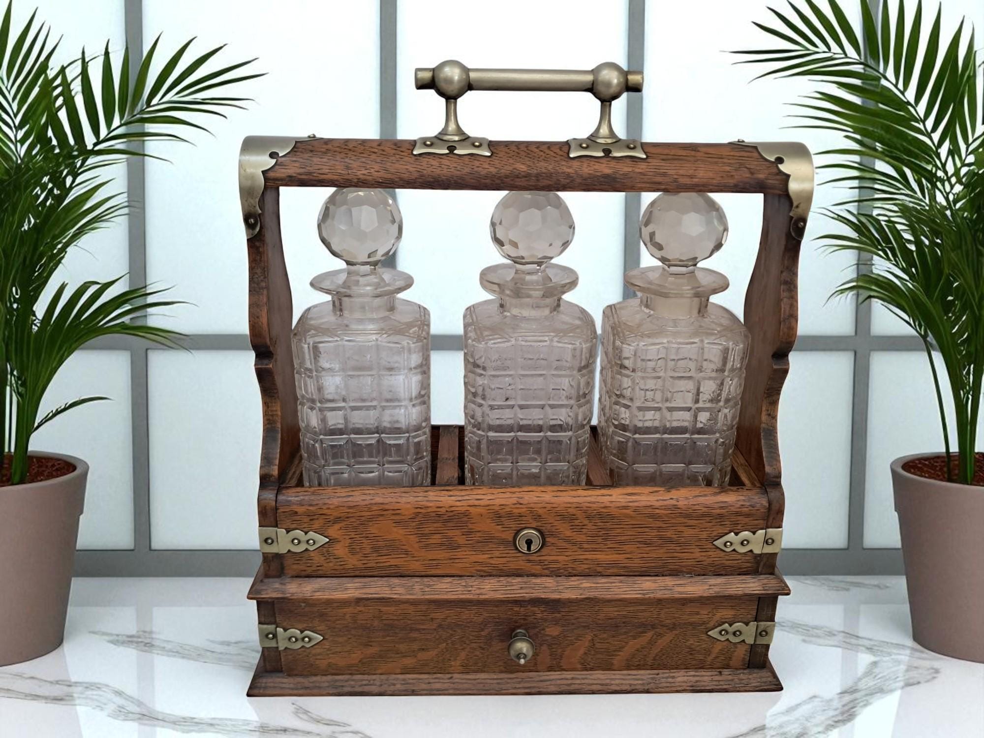 Antique Tantalus + Three Decanters Oak & Brass Victorian Trio