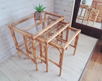 Vintage Bamboo Nest Tables Trio Glass Top Rattan Side Tables Boho Coastal 1970s