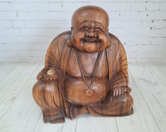 Vintage VERY LARGE Hand-Carved Wooden Lucky Buddha Sculpture, 53cm Tall  - 1970s Laughing Buddha