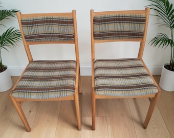 Vintage East German Dining Chairs Pair, Mid-Century Modern Beech Frame, Retro Plaid Upholstery