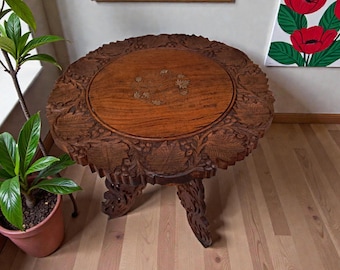 Antique Oriental Table Carved Plant or Side Table Vintage 1920