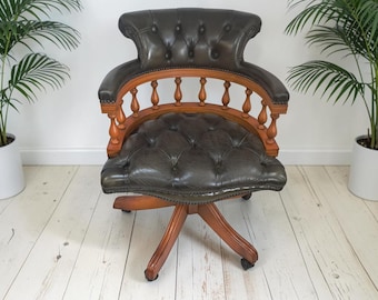Vintage Ring Mekanikk Captain's Desk Chair: Chesterfield Green Leather Swivel Oak Frame