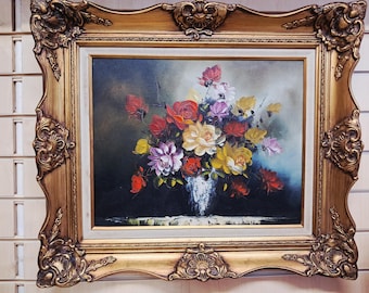 Vintage Floral Oil Painting on Canvas with Ornate Gilt Frame (Circa 1980)
