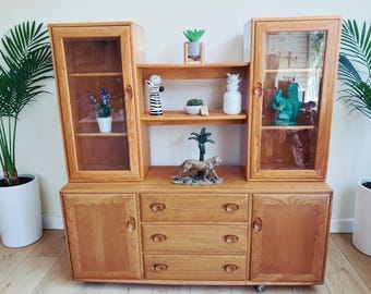 Mid Century Ercol Windsor Solid Elm Sideboard Display Cabinet 1990