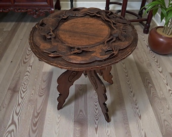 Antique Oriental Table Dragon Wooden Carved Plant Side Table 1920's