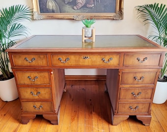 Antique Twin Pedestal Desk Wooden Vintage Desk Yew Wood Leather Top 1980