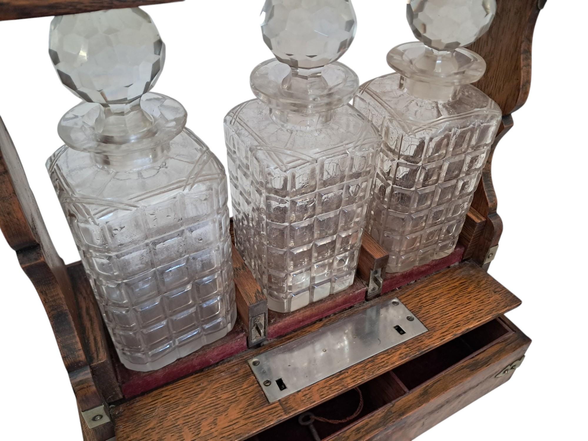 Antique Tantalus + Three Decanters Oak & Brass Victorian Trio