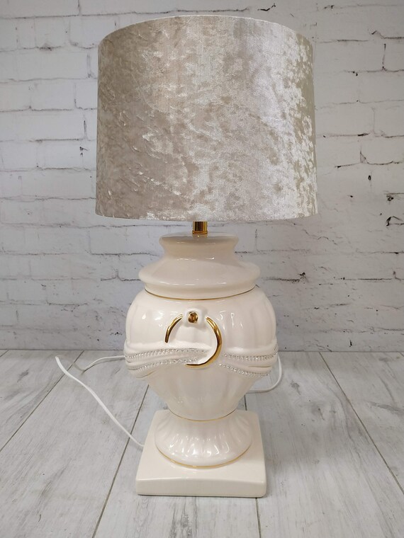 Vintage Table Lamp Light Cream Diamante Gold Art Deco Ceramic Base Shade  Bling