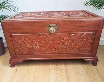 Vintage Oriental Camphor Wood Trunk: Dragon Phoenix Carved Blanket Chest Storage Coffee Table
