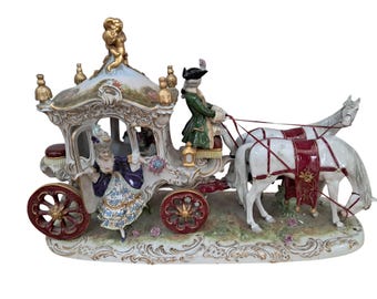 Vintage German Scheibe Alsbach Porcelain Horse & Carriage Figurine LARGE Rococo Coach 1930's