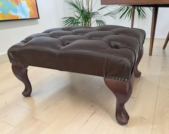 Vintage Chesterfield Brown Footstool Buttoned Leather Foot Stool 1980