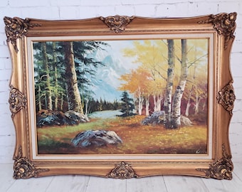 Large Vintage Woodland River Mountain Landscape Oil Painting on Canvas Gold Frame Signed 1980's