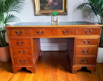 Antique Twin Pedestal Desk Wooden Vintage Desk Yew Wood Leather Top 1980 Large