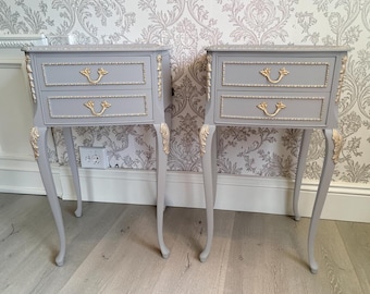 Pair French Louis XV Style Bedside Tables Hand Painted Grey & Gold Leaf Bedside Cabinets