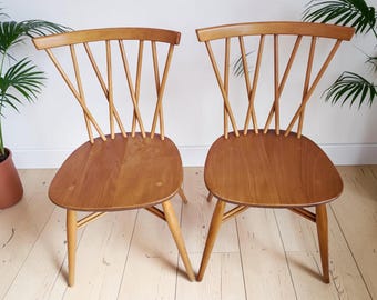 Pair Vintage Ercol Candlestick Dining Chairs Model 376 Mid Century Elm Beech 1960s